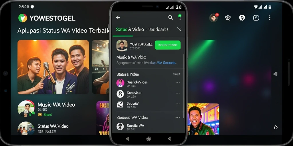 Antarmuka aplikasi YOWESTOGEL yang menampilkan pilihan video Status WA.